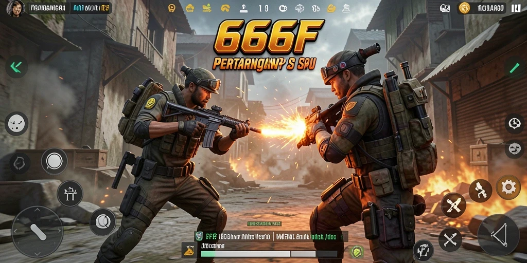 Gameplay dinamis dalam pertarungan FPS yang intens.
