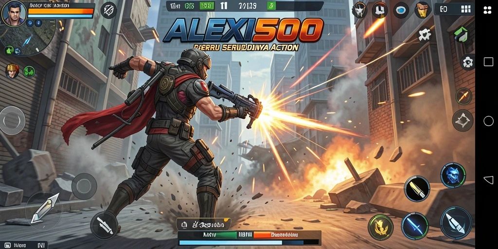 Screenshot utama ALEXIS500 menampilkan aksi pertarungan yang mendebarkan.