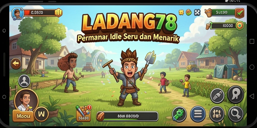 Screenshot utama LADANG78 menampilkan kemajuan ladang di game Idle.