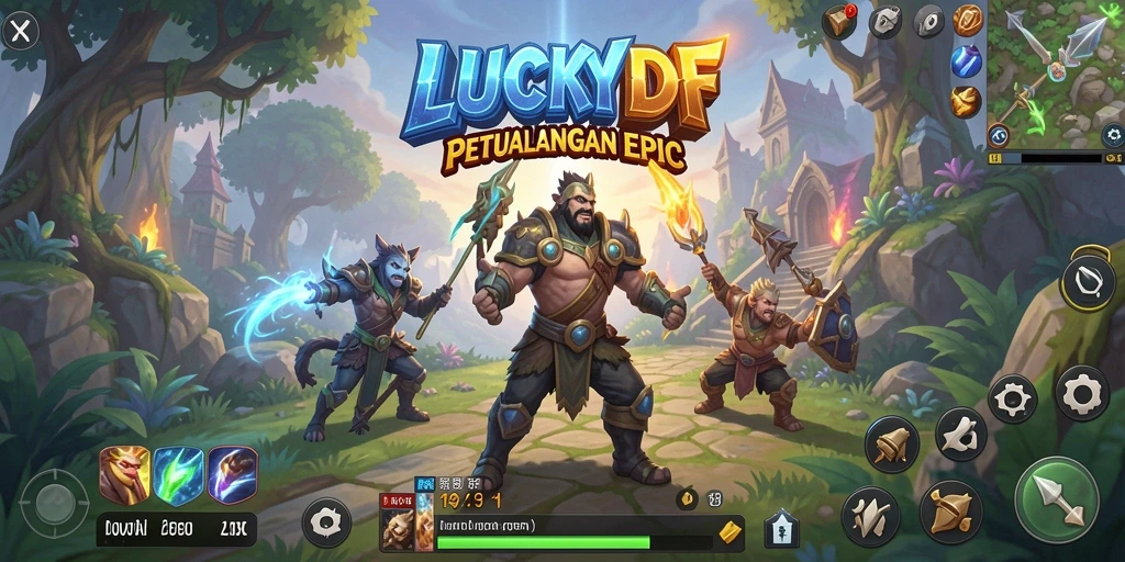 Screenshot LUCKYDF menunjukkan karakter bertarung dalam pertempuran RPG yang epik.