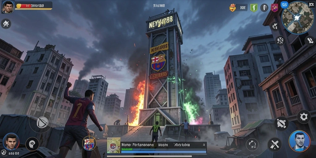 Tangkapan layar gameplay NEYMAR88 yang menunjukkan menara pertahanan dan musuh.