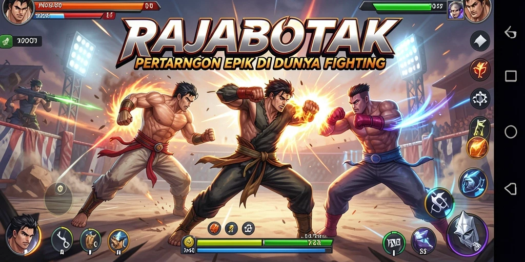Screenshot gameplay RAJABOTAK menunjukkan pertarungan seru di arena.
